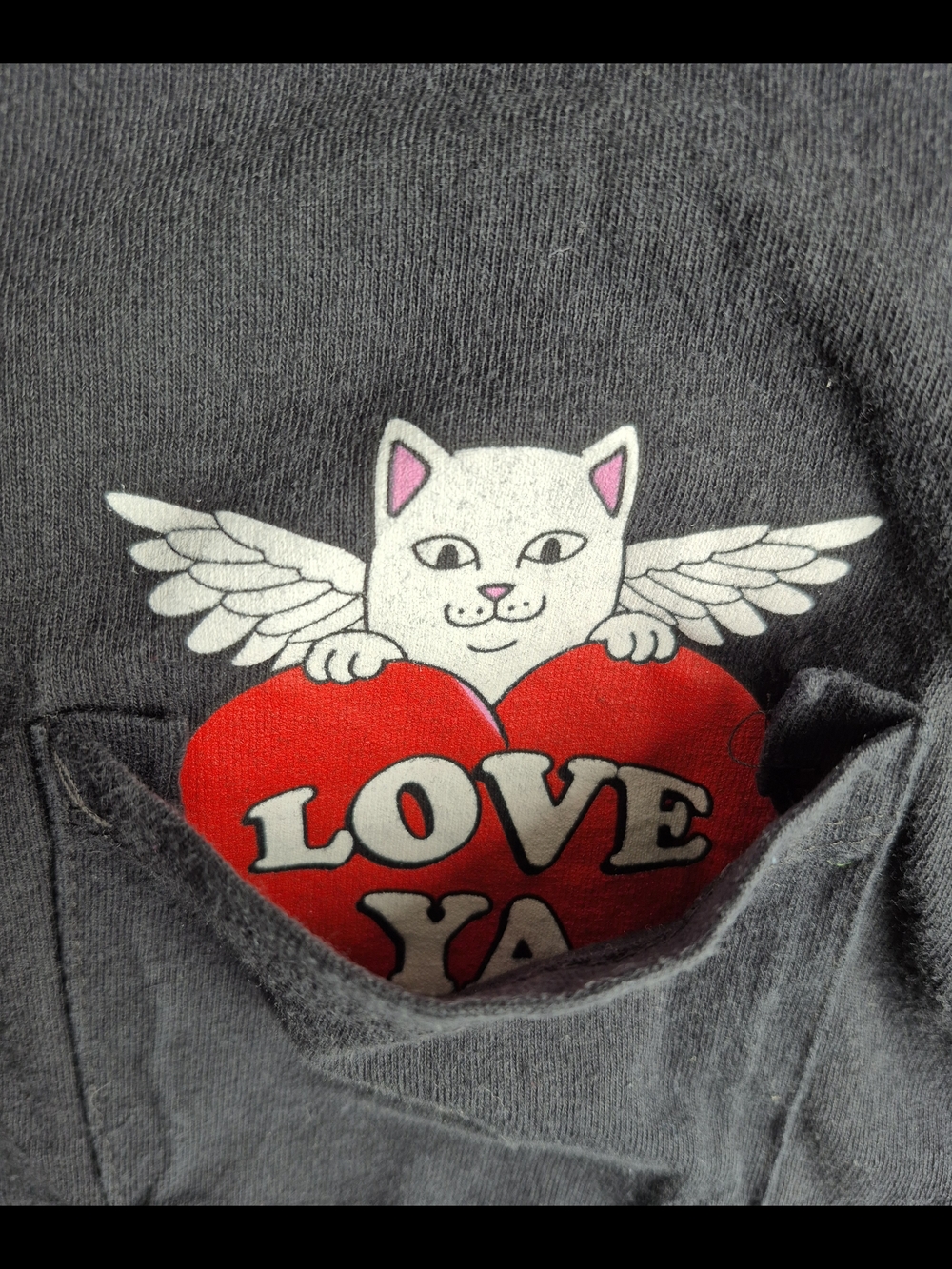 RIPNDIP Love Ya Black Short Sleeve Pocket Tee with Winged Cat Size S